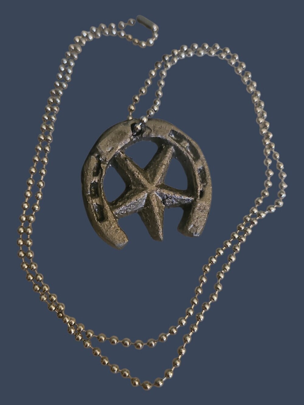 Vintage Rustic Pewter Horseshoe Star Pendant Unisex Bead Chain Necklace